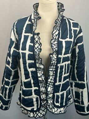 Trimdin Navy Ivory Reversible Ruffle Artisan Jacket Geometric